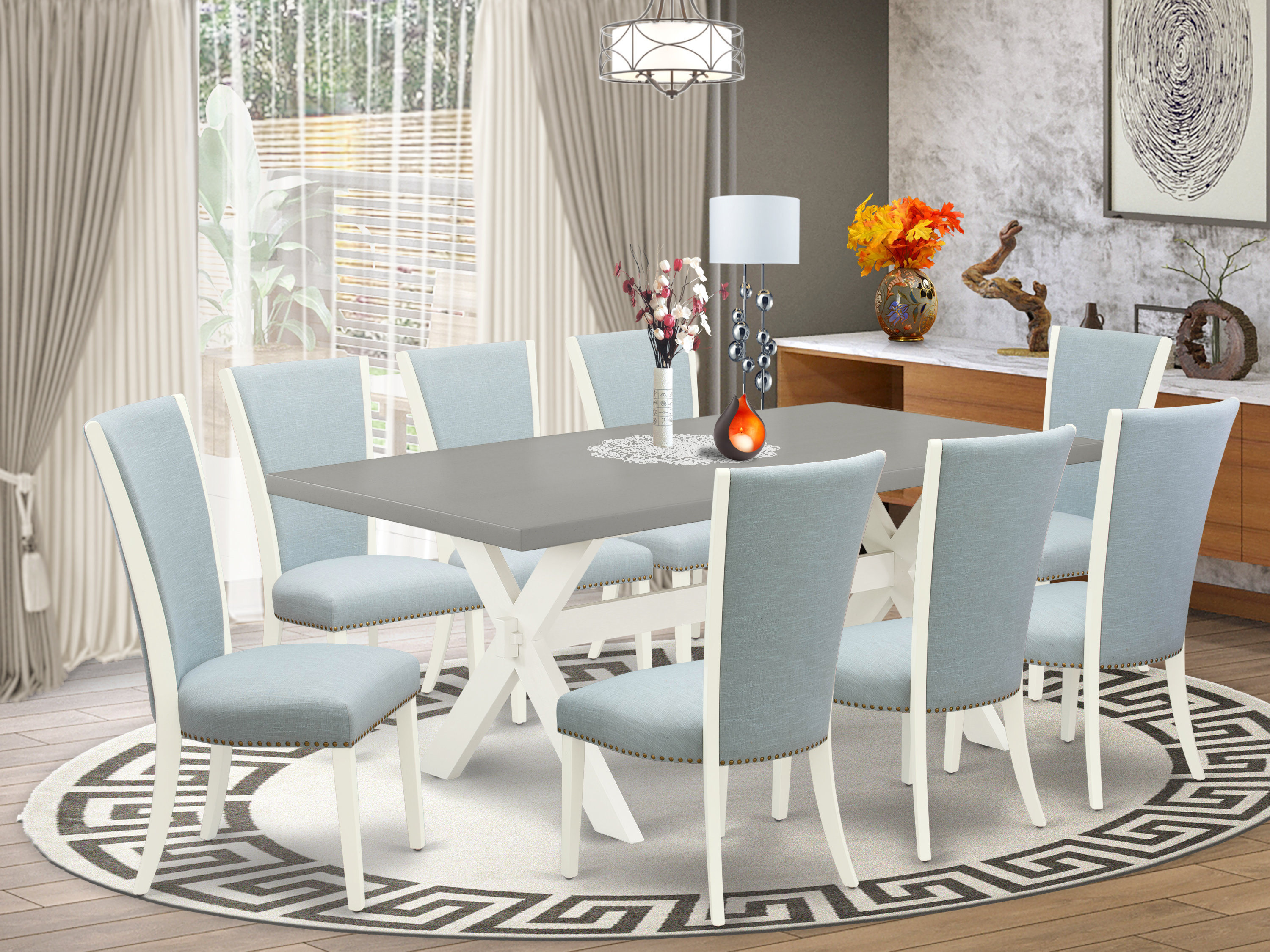 9 Piece Mid Century Dining Set 8 Baby Blue Linen Fabric Dinning Chairs and a Kitchen Table