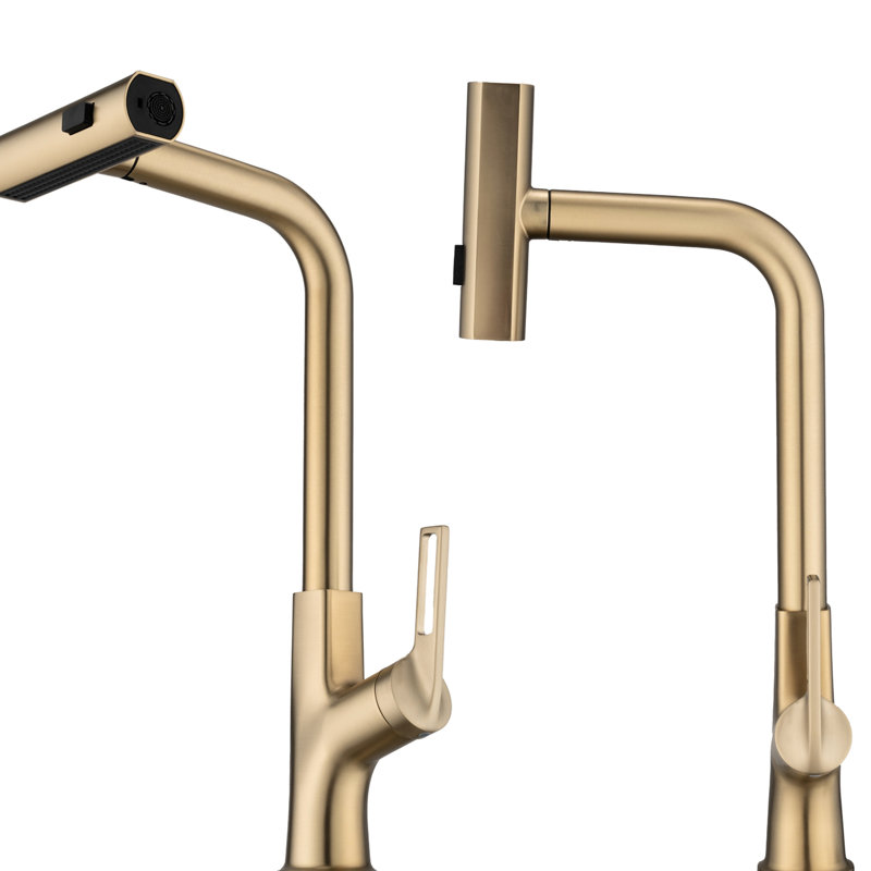 Robinet de cuisine doré brossé avec douchette rétractable - 3 réglages de jet, poignée simple, eau chaude et froide, alliage de zinc, poignée pour un réglage facile de la température, fabrication