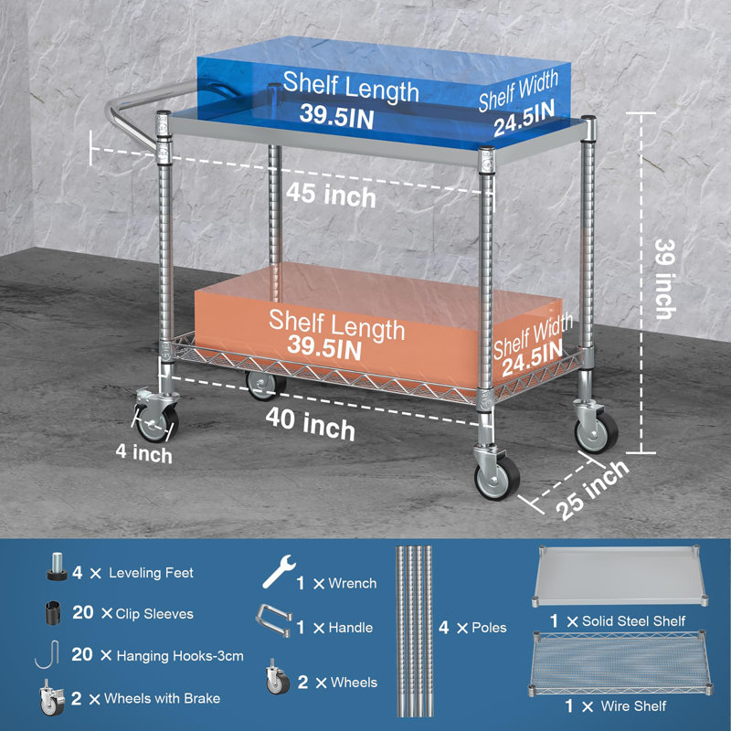 Chariot utilitaire à 2 niveaux avec roues, Argent argent