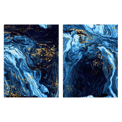 Abstract Dark Blue & Gold Marble 2-Piece Set Unframed Wall Art Prints Living Room Aesthetic Vein Mineral