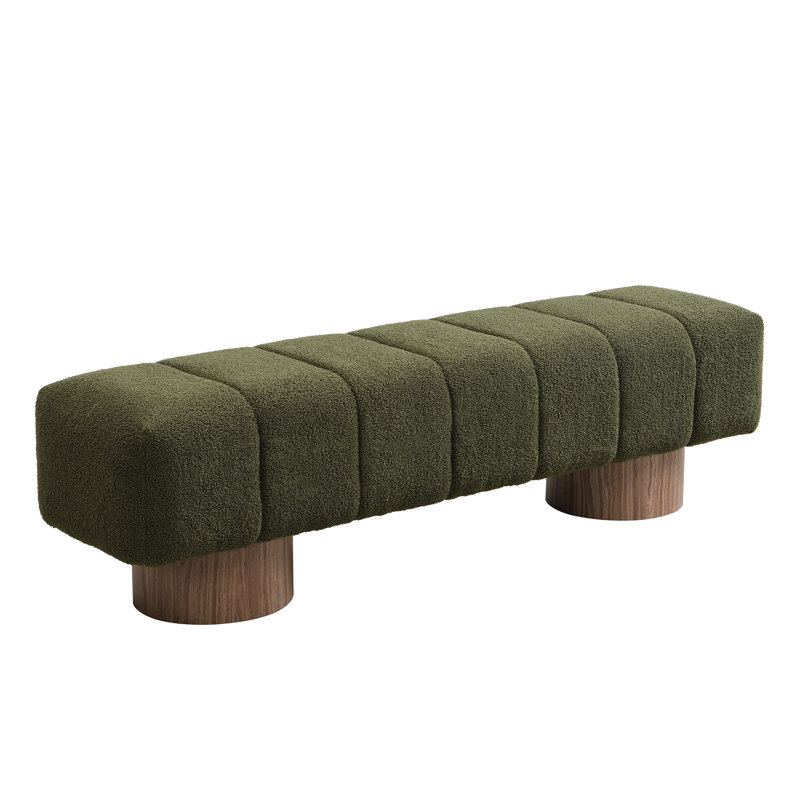 Boucle Upholstered Bench ,No-Assembly, 18" H x 64" W x 16.75" D, Green