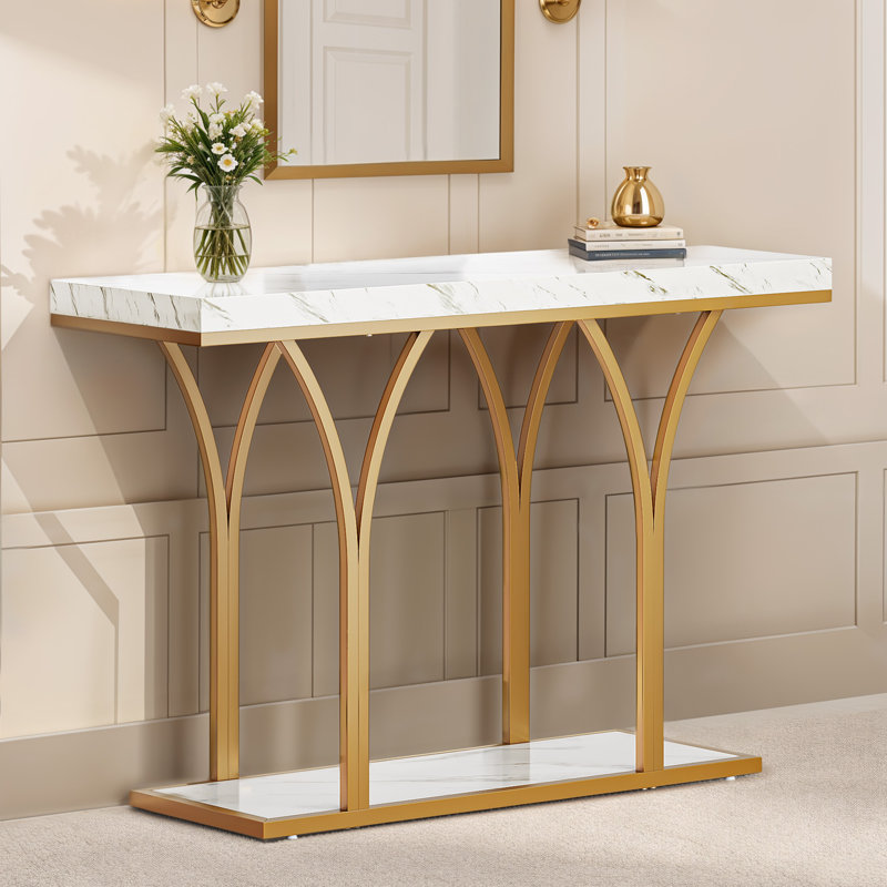 Modern Faux Marble Console Table with Gold Metal Frame, Narrow Entryway Sofa Table with Bottom Shelf, White Marble