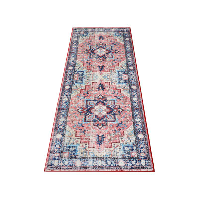 Washable Area Rug, Vintage Medallion Low Pile Non Slip Foldable Pearl Velvet Indoor Carpet, Light Red Tone, 2'x6'