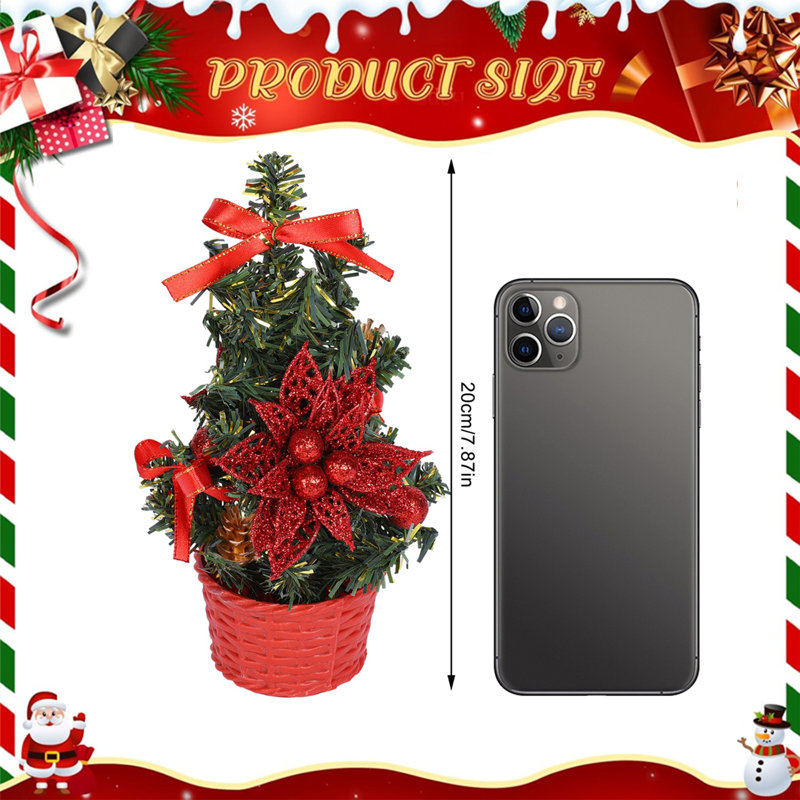 Ensemble de 3 mini arbres de Noël 20 cm - 3 arbres de Noël artificiels argentés rouges avec pot décoratif pour bureau