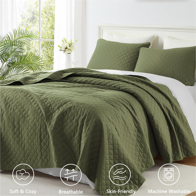 Homelike Moment Twin Quilt Set, Lightweight Quilts, Soft Beige, Queen Quilt + 2 Standard Shams, Diamond Olive Green