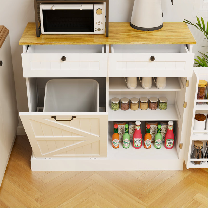 Armoire de rangement de cuisine avec tiroirs, armoire à ordures et tablettes pour une cuisine organisée et élégante