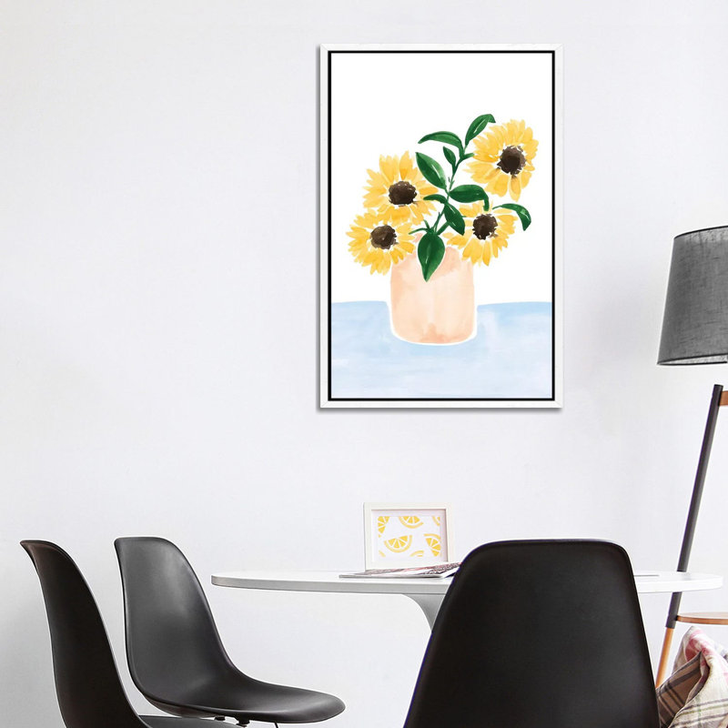 Sunflowers In A Vase by Sabina Fenn - Painting on Canvas, White Floater Framed, 101.6cm H x 66.04cm W x 3.81cm D
