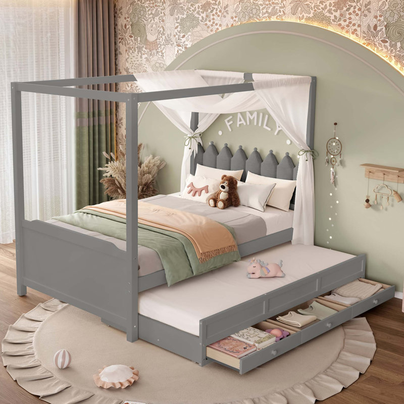 Lit plateforme double avec tête de lit tapissier, lit gigogne simple et 3 tiroirs, cadre de lit à baldaquin princesse pour enfants, rangement et assemblage facile