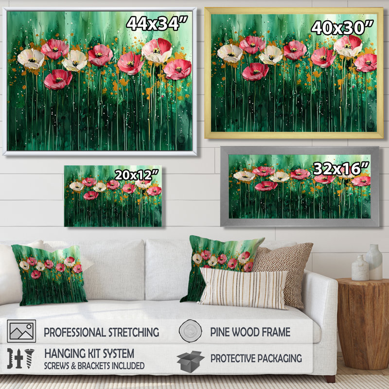 «Emerald Dance Of The Poppies II» - Art mural sur toile coquelicots, 30" H x 40" W, Cadre flottant noir