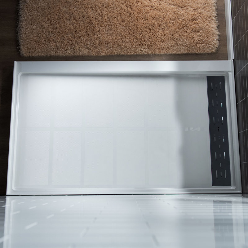 60" W x 30" D  Solid Surface Single Threshold Shower Pan Base with Drain Assembly & Drain Cover Included, Non-Slip, Right