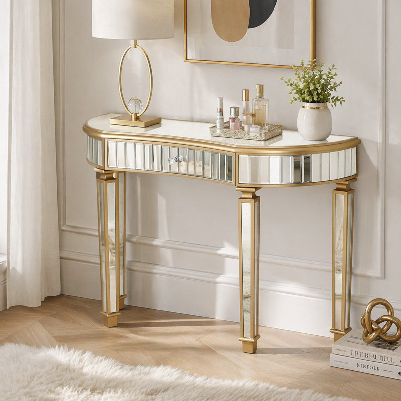 Console à miroir en demi-lune de 47 pouces avec tiroirs en verre cannelé et poignées en cristal pour la chambre à coucher et le vestiaire