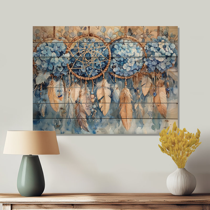 Hydrangeas And Dreamcatchers - Hydrangea Wood Print - On Natural Pine Wood, 10" H x 20" W