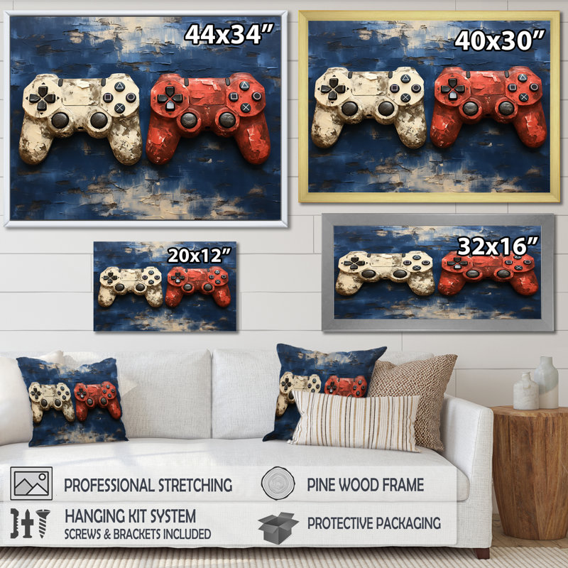 White and Red Ps Video Game Controllers - Art mural de jeux vidéo, H 30 po x l 40 po x P 1,5 po, Toile tendue