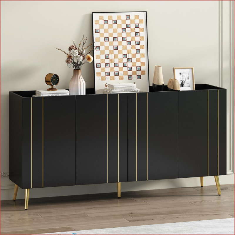 Armoires, noir minimaliste & amp; Armoire de rangement polyvalente dorée avec tablettes réglables, largeur 62,9 po | Panneau de particules et panneau de fibres à densité moyenne | Salon