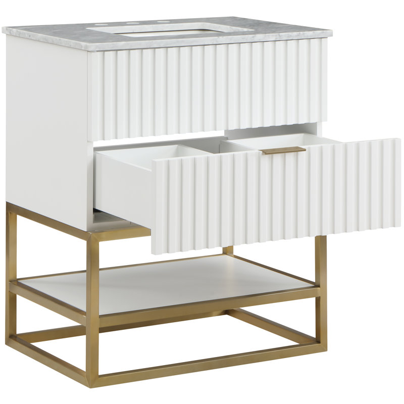 Kleier 30" Genuine Marble Top, Steel And Glass Base Vanity, White