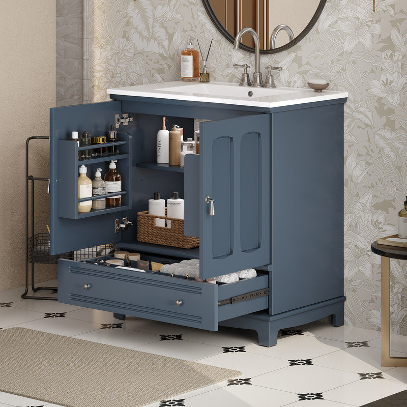 Meuble-lavabo moderne avec lavabo en céramique et tiroir de rangement, Bleu