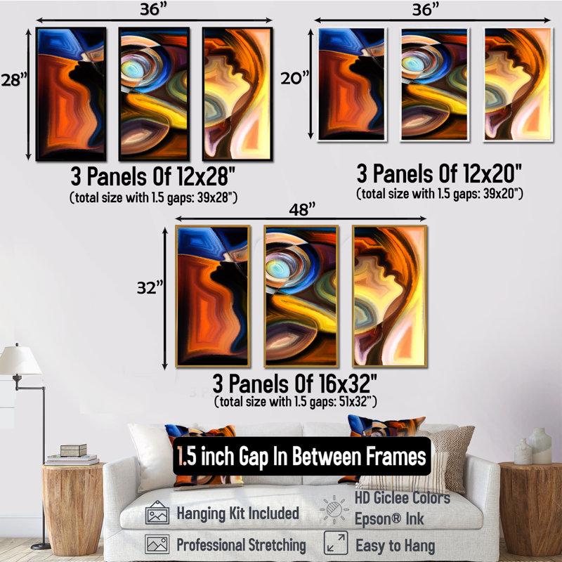 Art abstrait humain - Ensemble de 3 reproductions d'art encadrées sur toile abstraites, H 28 po x l 36 po x P 1 po, Noir