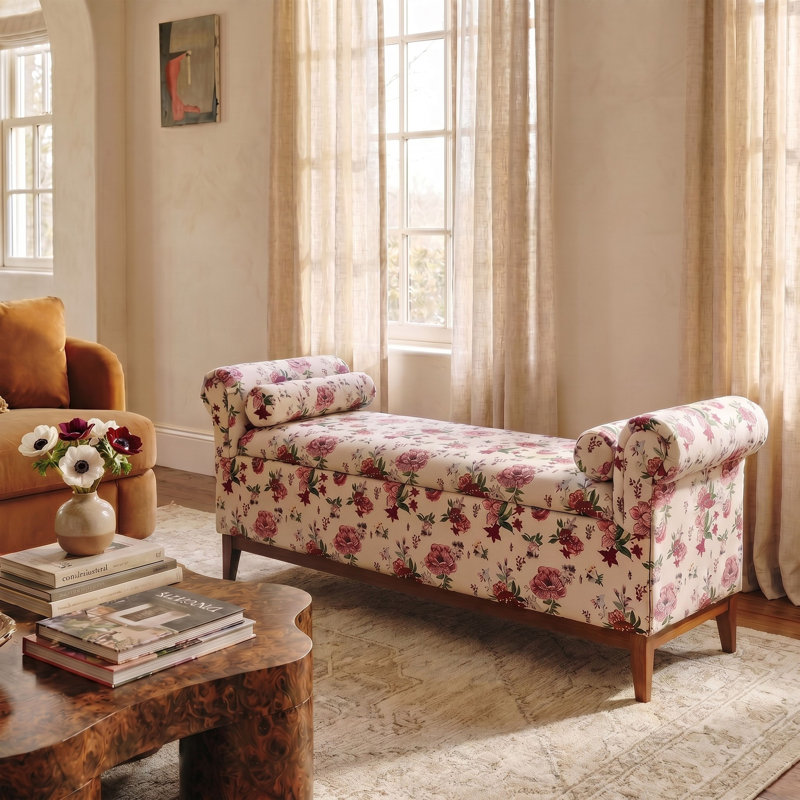 Banc floral en bois d'hévéa avec rangement rembourré