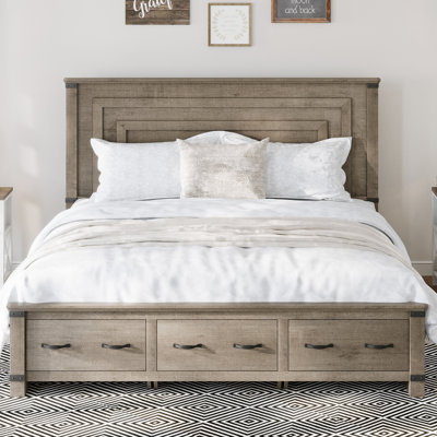 49" H Farmhouse Bed Frame With Sliding Barn Door Storage Cabinets