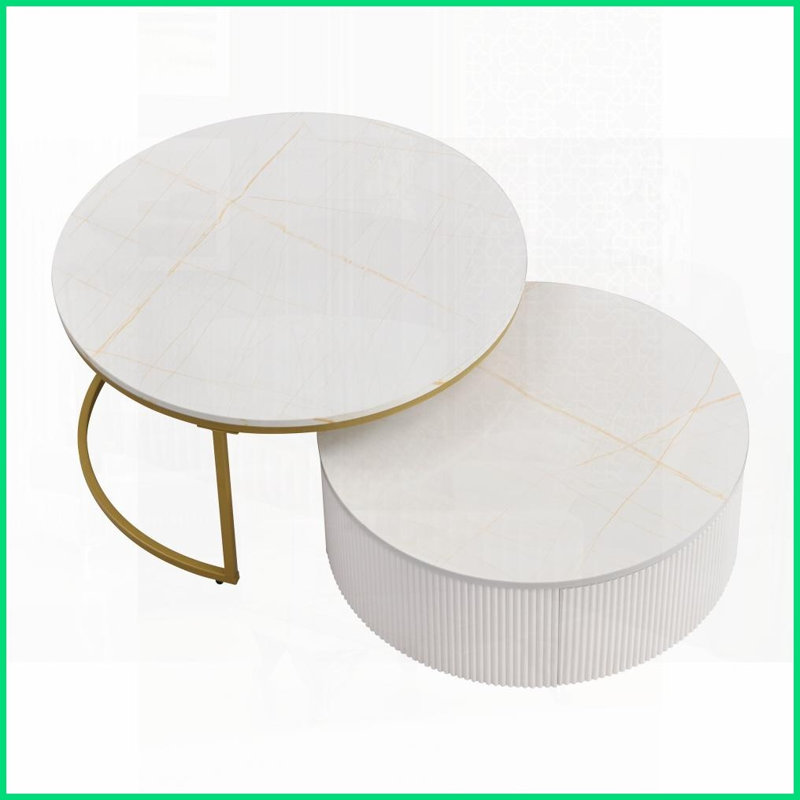 Table basse ronde moderne avec tiroir et peu d'espace - Blanc et amp; Conception cannelée dorée pour le salon, Blanc