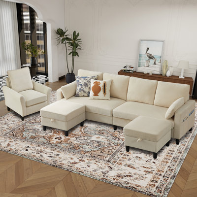 Ensemble de salon de 101 po en velours côtelé 3 pièces comprenant un canapé modulaire en L 4 places, 2 repose-pieds avec rangement et une chaise