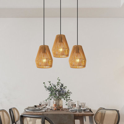7" Set of 3 Rustic Hemp Rope Pendant Light, Handcrafted Farmhouse Hanging Light Fixture, Adjustable Height Ceiling Lamp for Kitchen Island, Dining Room, or Living Room, Natural Woven Design (No Bulbs)