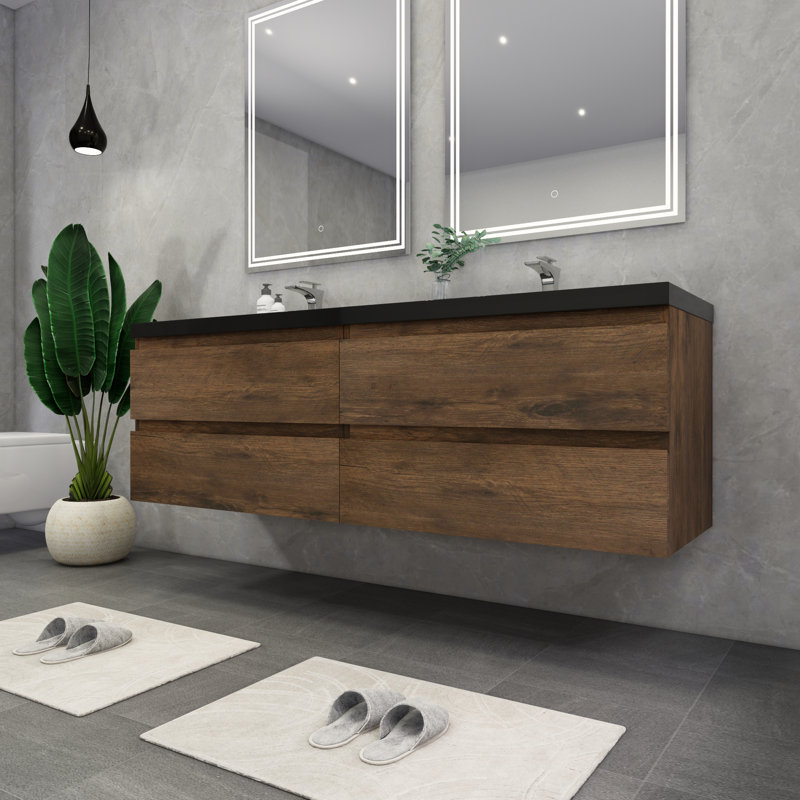 Kirker 72" Wall-Mounted Double Bathroom Vanity Set, Rose Wood