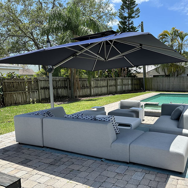 Parasol carré en porte-à-faux 144 po avec base relevable à manivelle Senzer, Bleu marine