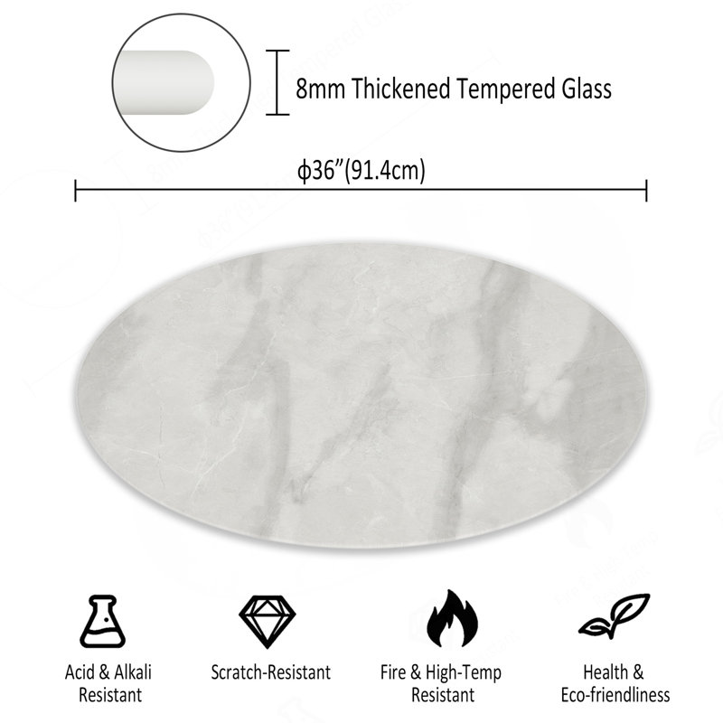 Plateau de table rond en verre trempé de 36 pouces avec design en marbre, plateau de remplacement et de couverture, table de salle à manger grise, table de café, table de patio, convient pour l'intérieur et l'extérieur