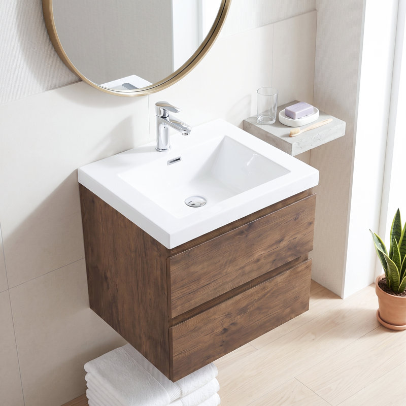 Meuble-lavabo suspendu de 61 cm (24 po) en mélamine en bois, résistant à l'eau, avec lavabo intégré en résine et carbonate de calcium, entièrement assemblé.
