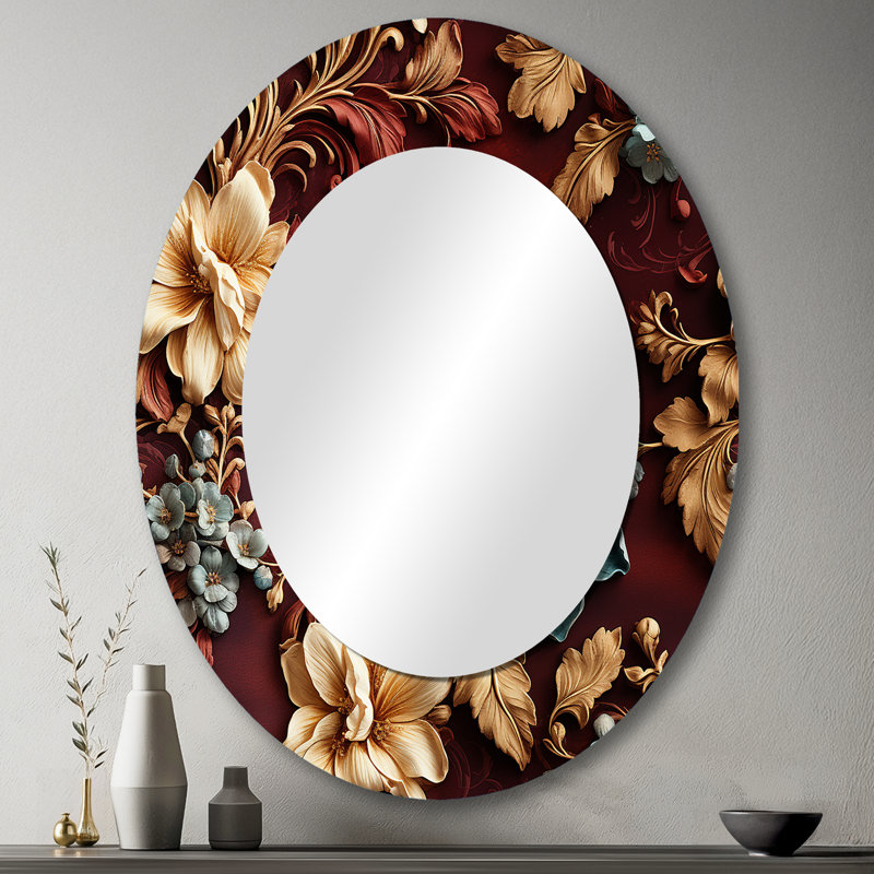 Motif victorien Riegan Rustic Brocade Elegance - miroir floral, miroir mural décoratif brun, impression d'art en métal, Ovale