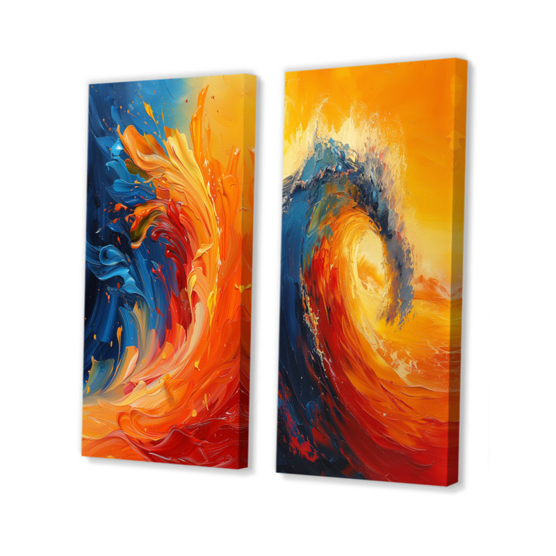 Ensemble de 2 pièces d'art mural orange et bleu abstrait - vagues côtières, H 28 po x l 24 po, Toile tendue sur cadre