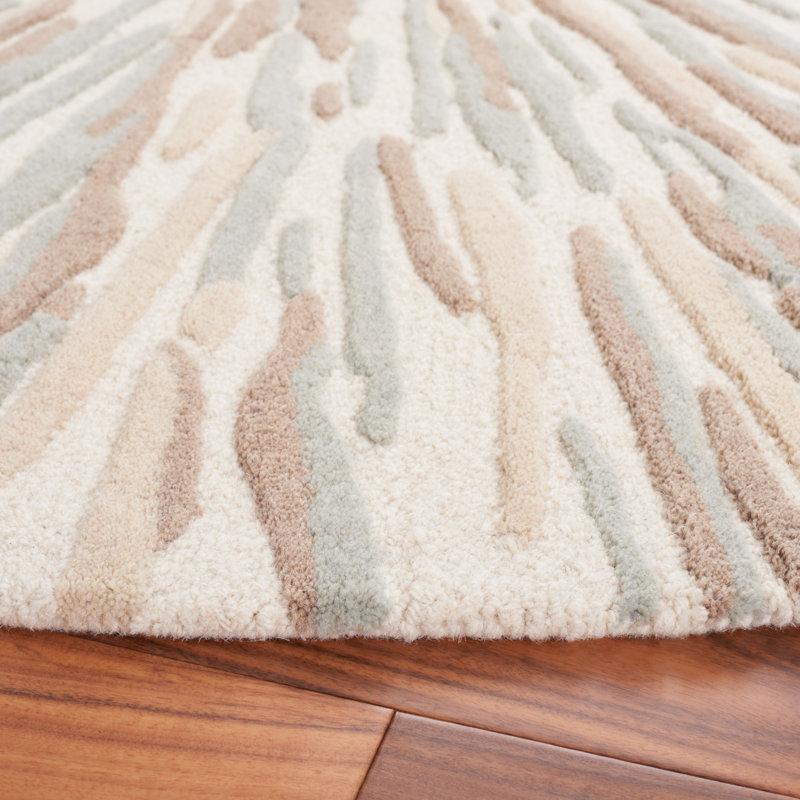 Round Desin Abstract Hand Tufted Wool Area Rug in Ivory/Grey, Round 4'