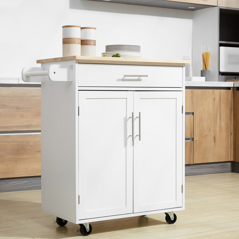 Chariot pour îlot de cuisine, rangement blanc - abondant avec tiroir, armoire et porte-serviettes, construction avec support
