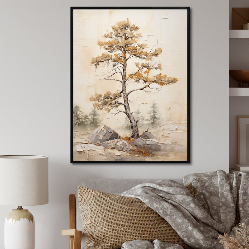 " Beige Tree Pine Tranquillity I ", Black Floater Framed, 32" H x 16" W x 1" D