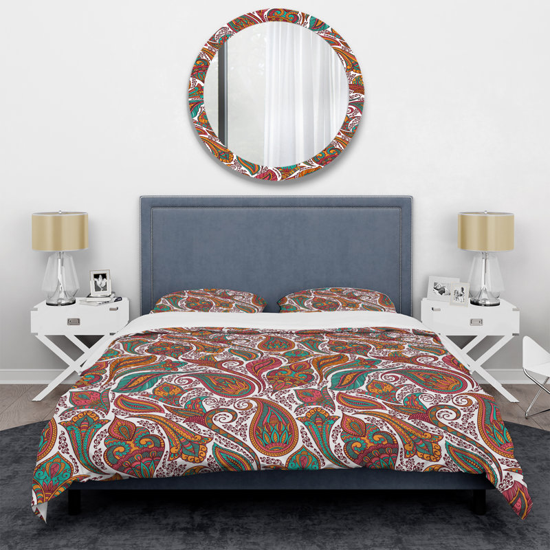Ensemble de housse de couette à motif floral cachemire brun - Polyester microfibre