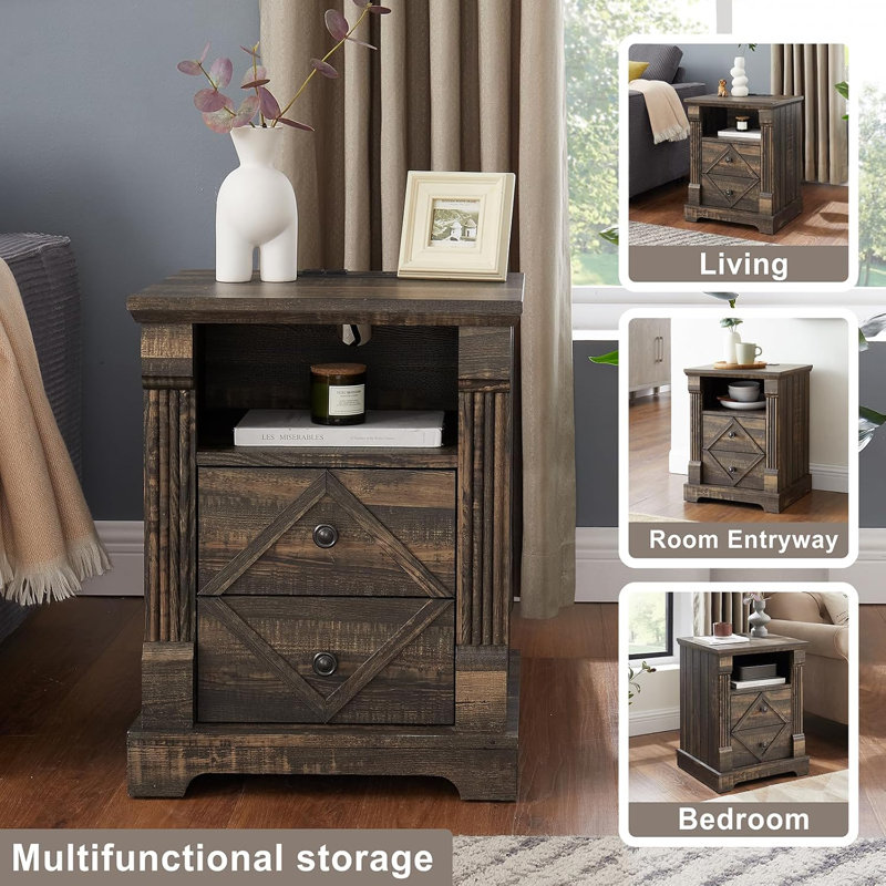 Stand With Charging Station, Roman Column, 18" End Table With 2 Drawers Storage, Wood Rustic Side Table, Nightstand For Bedroom, Dark Rustic Oak