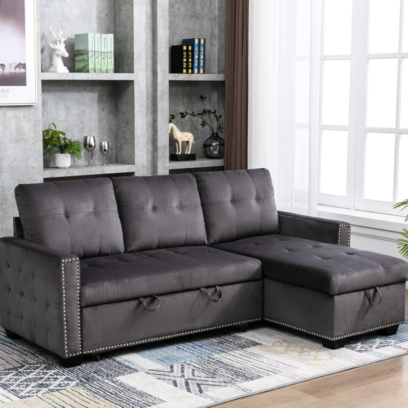 Lit de salon réversible de 77 pouces avec velours gris foncé et rangement pratique pour un style élégant