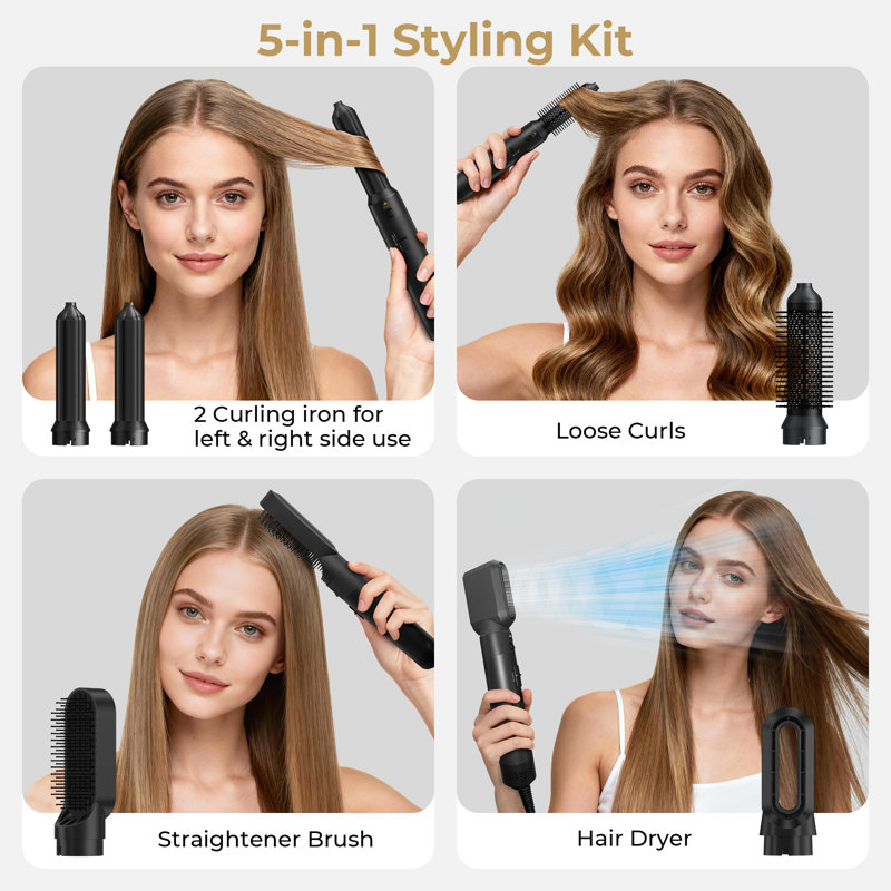 5 In 1 Hair Styler & Hair Dryer Brush Set, Black