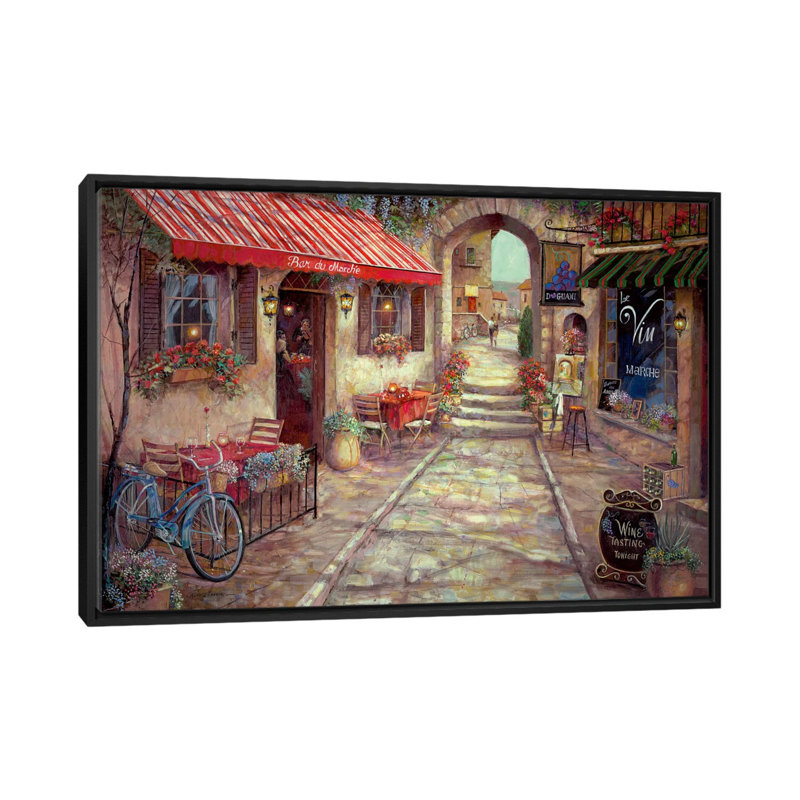 «Bar Du Marche» par Ruane Manning - reproduction sur toile tendue, H 18 po x l 26 po x p 1,5 po, Toile avec cadre noir
