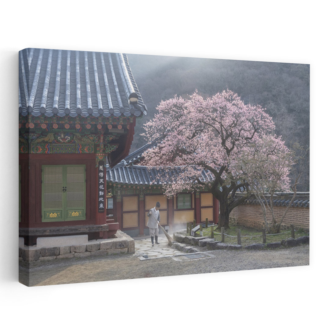 Serene Temple Blossoms Peaceful Serene Traditional Cherry Architecture Spring Wall Art Print