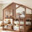 Full Size House Bunk Bed With Bookshelf, Wooden Full Loft Bed With Safety Rails & Ladder, Kids Full Over Full Bunk Bed For Bedroom, Natural-2100840923