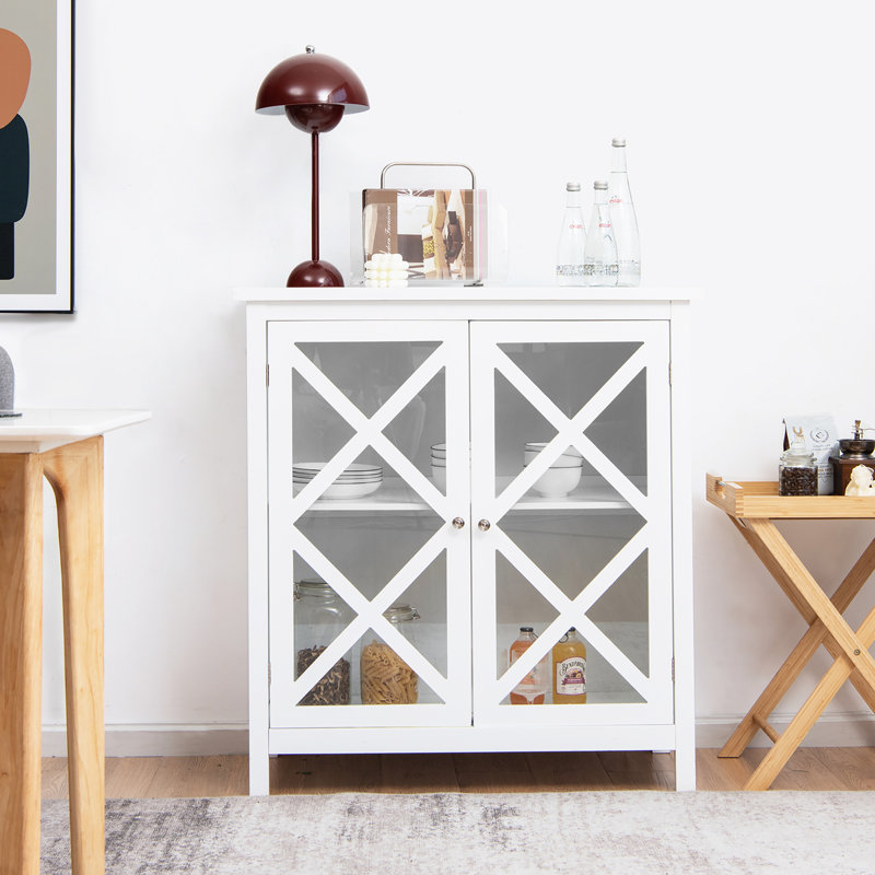 White MDF Kitchen Buffet Sideboard with Glass Doors