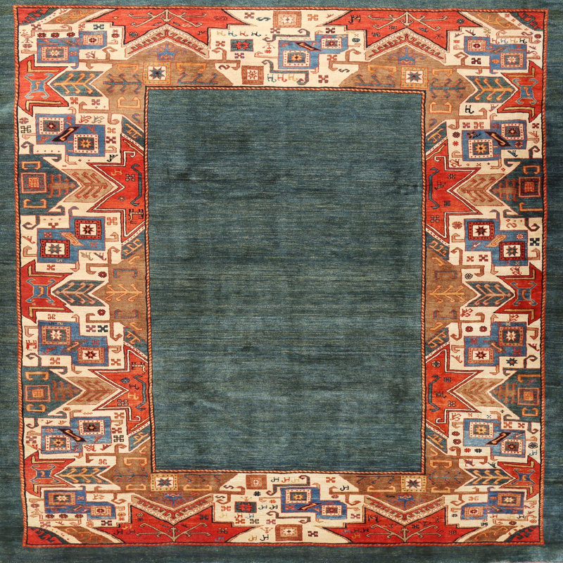 Tapis rouge/beige/vert traditionnel Pai, Carré 5 pi