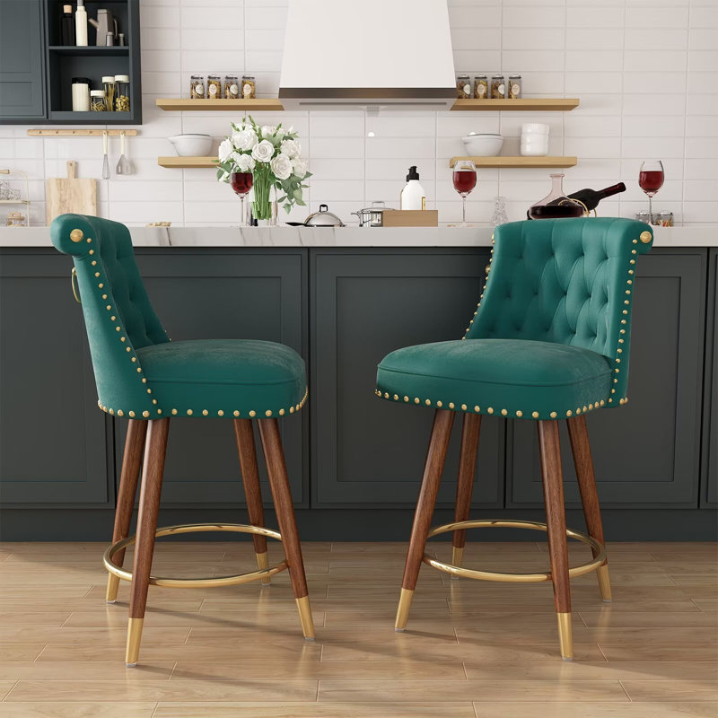 Swivel 24.00'' Counter Stool, Counter Height Bar Stools, 360°Swivel Upholstered Barstools with Back and Footrest for Kitchen Island, Solid Wood Legs