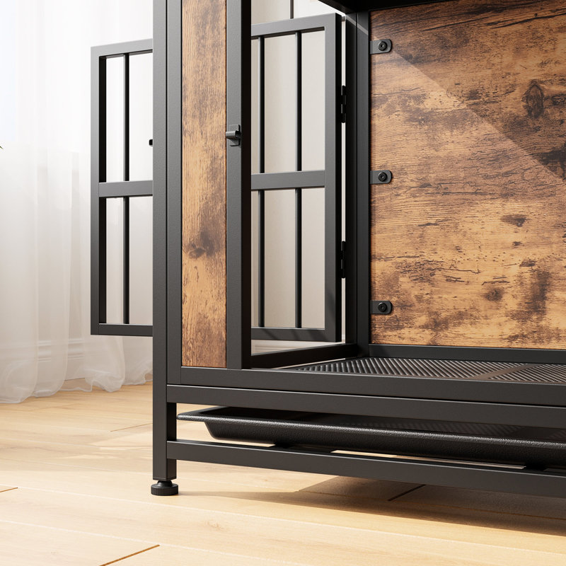 Cage pour animaux 32,8 po avec 2 portes et un plateau coulissant, style rustique brun, pour cage de chien de taille moyenne Repose-pieds réglable Cadre en fer épais