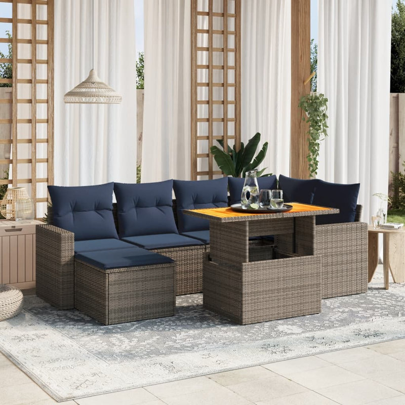  7 Piece Patio Sofa Set With Cushions Poly Rattan, Gray, Blue