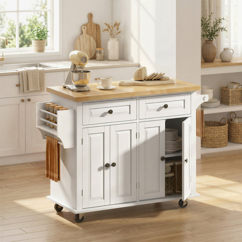 Alyxandra Kitchen Island On Wheels, Rolling Cart With wood Top, Spice Rack, Towel Rack And Drawers, sland,coffee cart,rolling kitchen island
