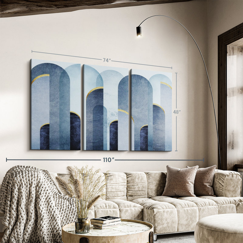 Holiday «Mid-Century Arches Blue Gold Canvas Print» sur, H 48 po x l 74 po x P 1,25 po
