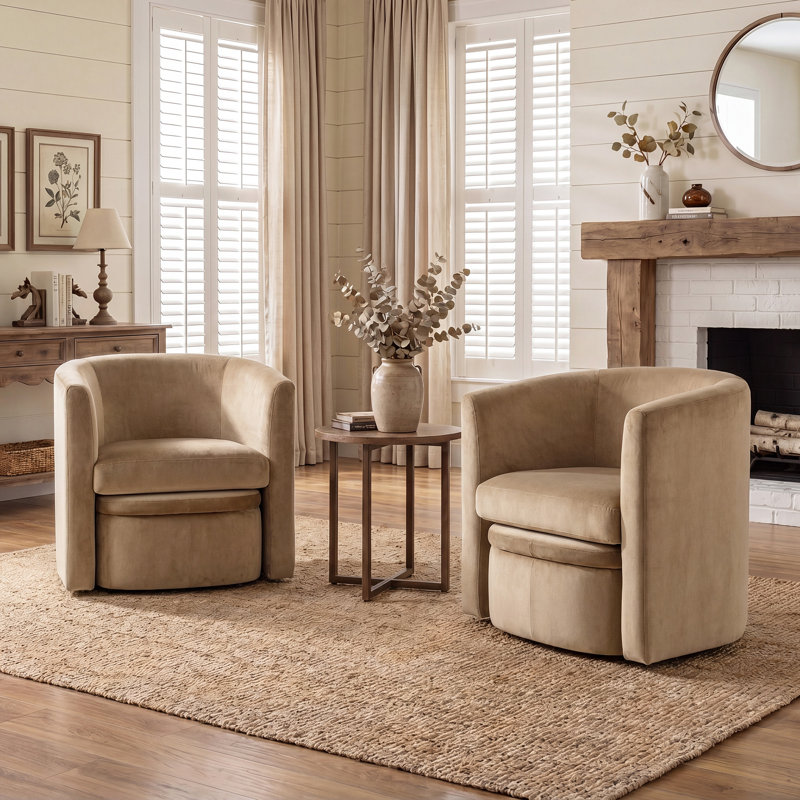 Kyah Upholstered Barrel Chair with Ottoman, Khaki Velvet